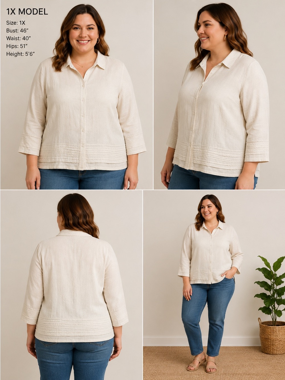 CJ Banks 1X Ivory Linen Blend Button Front Blouse Lightweight Textured Top
